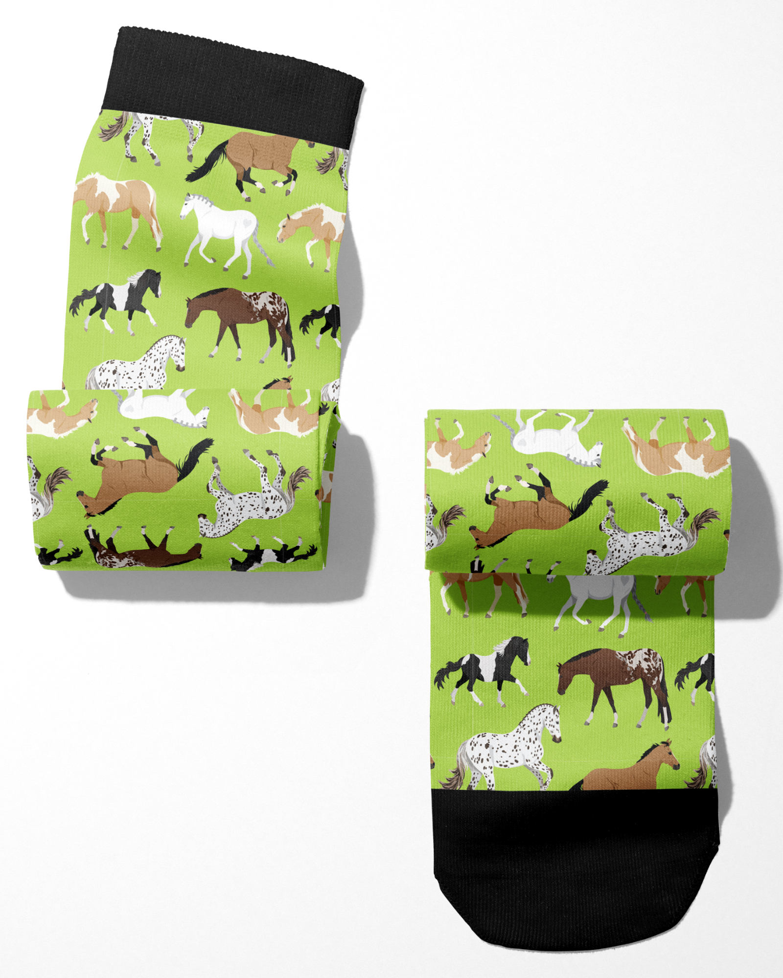 Limited Edition Pony Island Neon Ponies Socks with colorful horse patterns on green background and black cuffs, made in the USA boot socks