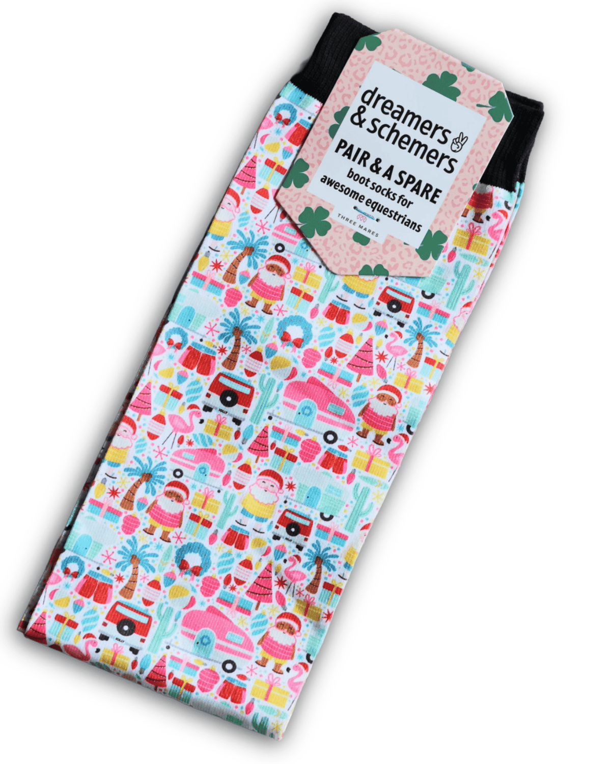 Deck the Palms colorful holiday riding socks with extra spare sock included