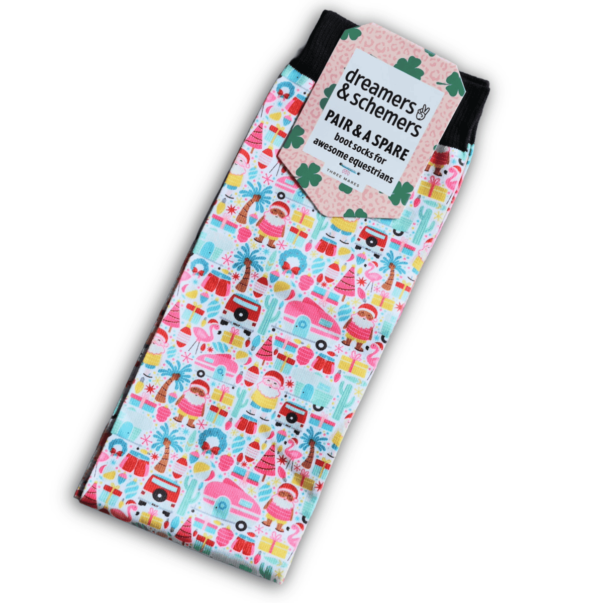 Deck the Palms colorful holiday riding socks with extra spare sock included