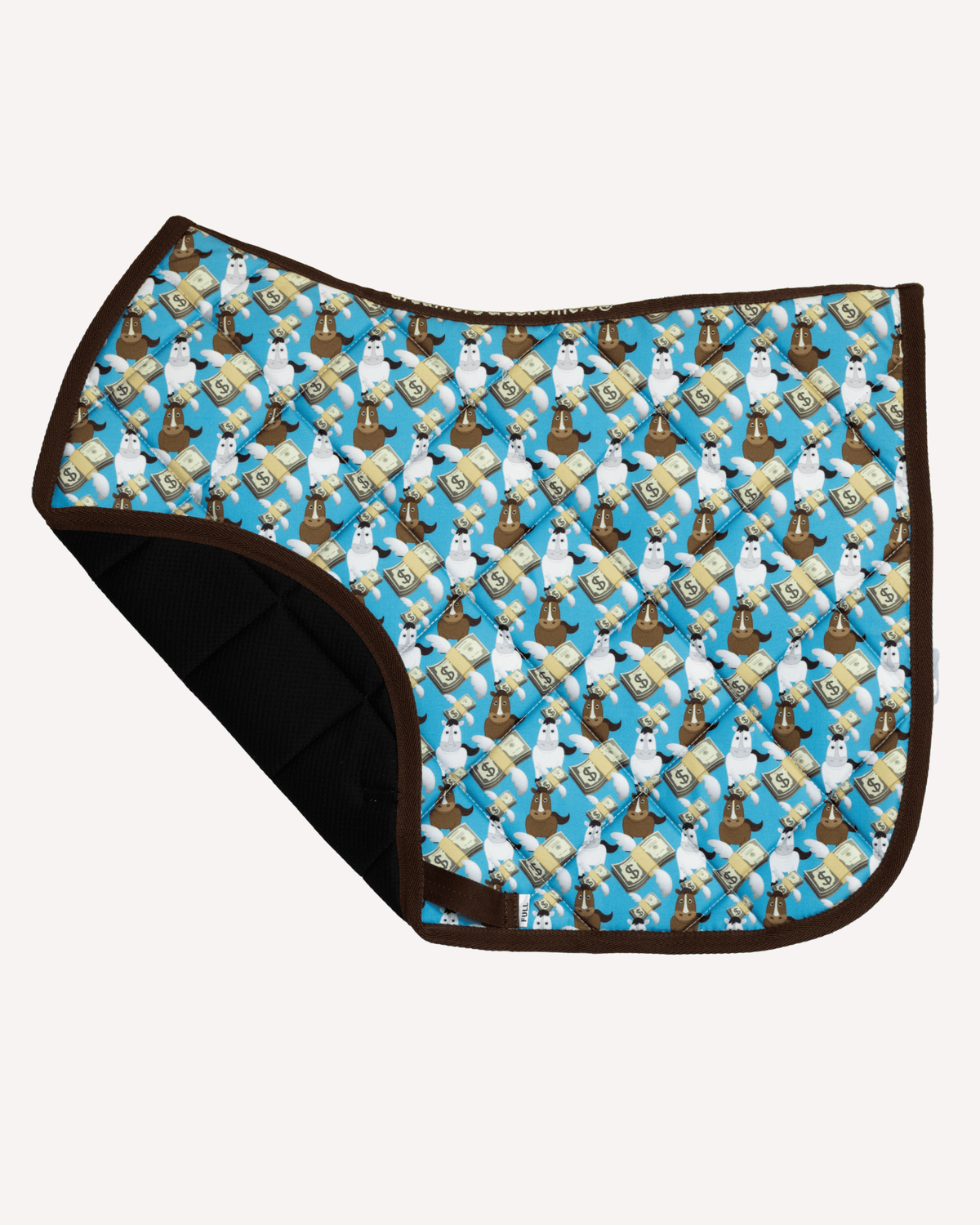 Cash Money saddle pad, corner folded back to show the black non-slip underside by Dreamers & Schemers