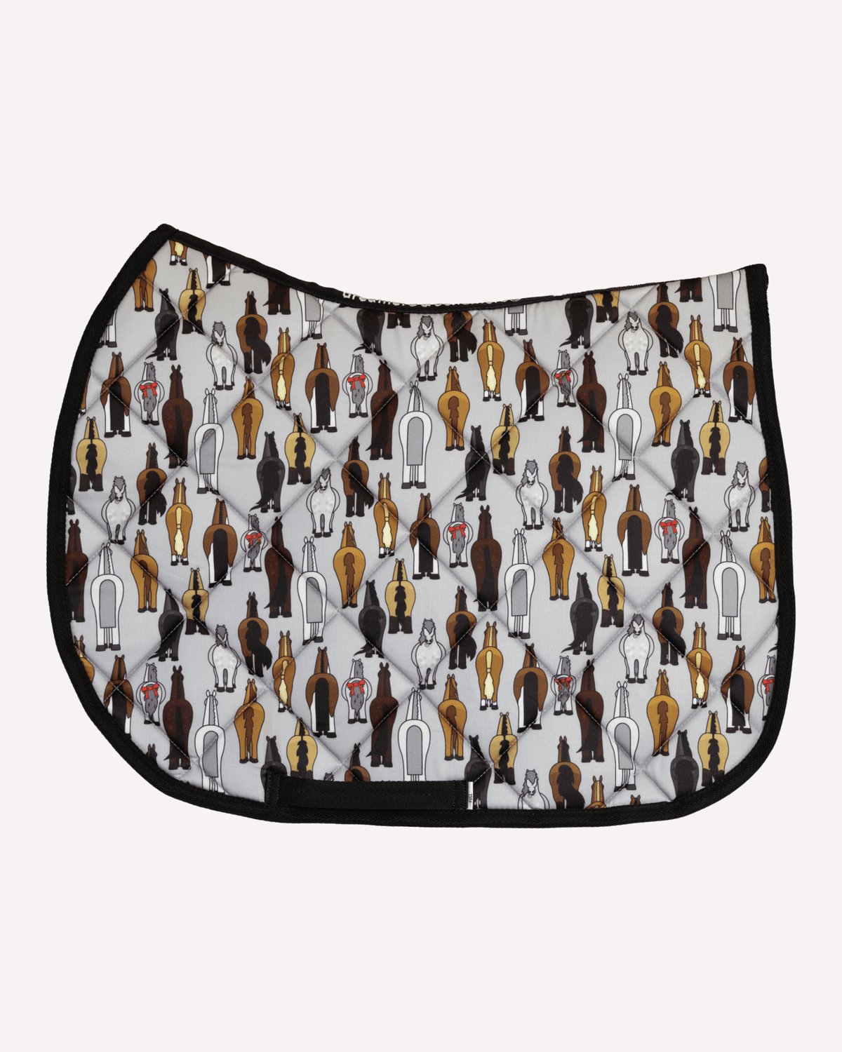 Butts saddle pad in grey printed with cartoon horse rear ends, English pad shown flat by Dreamers & Schemers