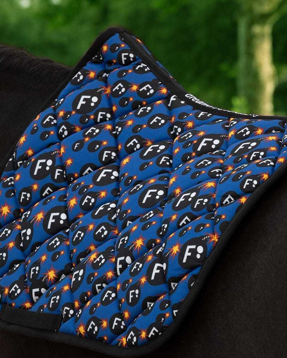 Ultimate F-Bomb Pack blue patterned equestrian saddle pad on horse