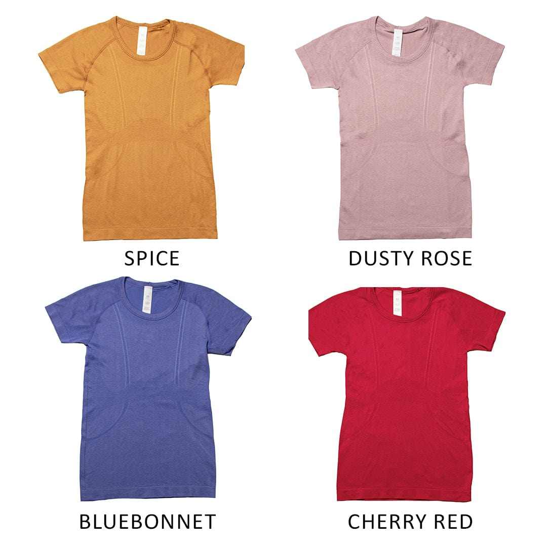 Four Equitation Tech short sleeve active wear tops in spice, dusty rose, bluebonnet, and cherry red colors