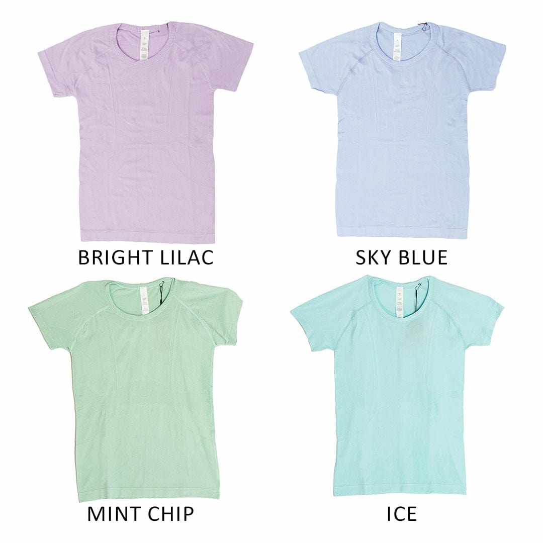 Set of four active wear Final Sale Equitation Tech short sleeve tops in bright lilac, sky blue, mint chip, and ice colors.