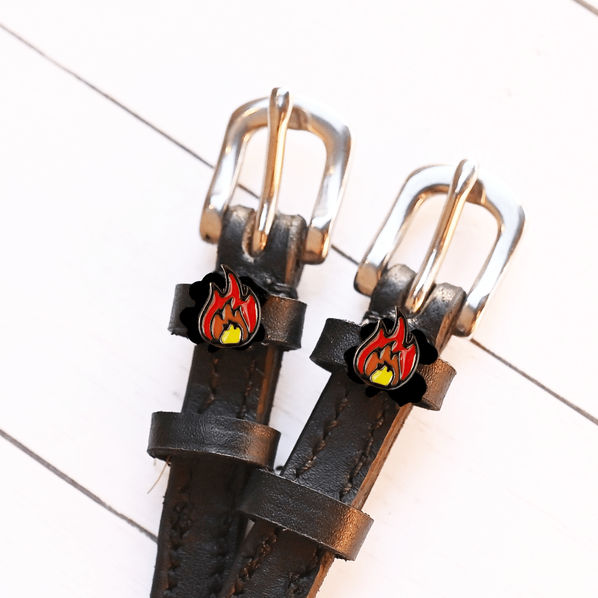 ManeJane Flame Spur Straps Spur Straps — black leather, non-stretch, hero image for English riders.