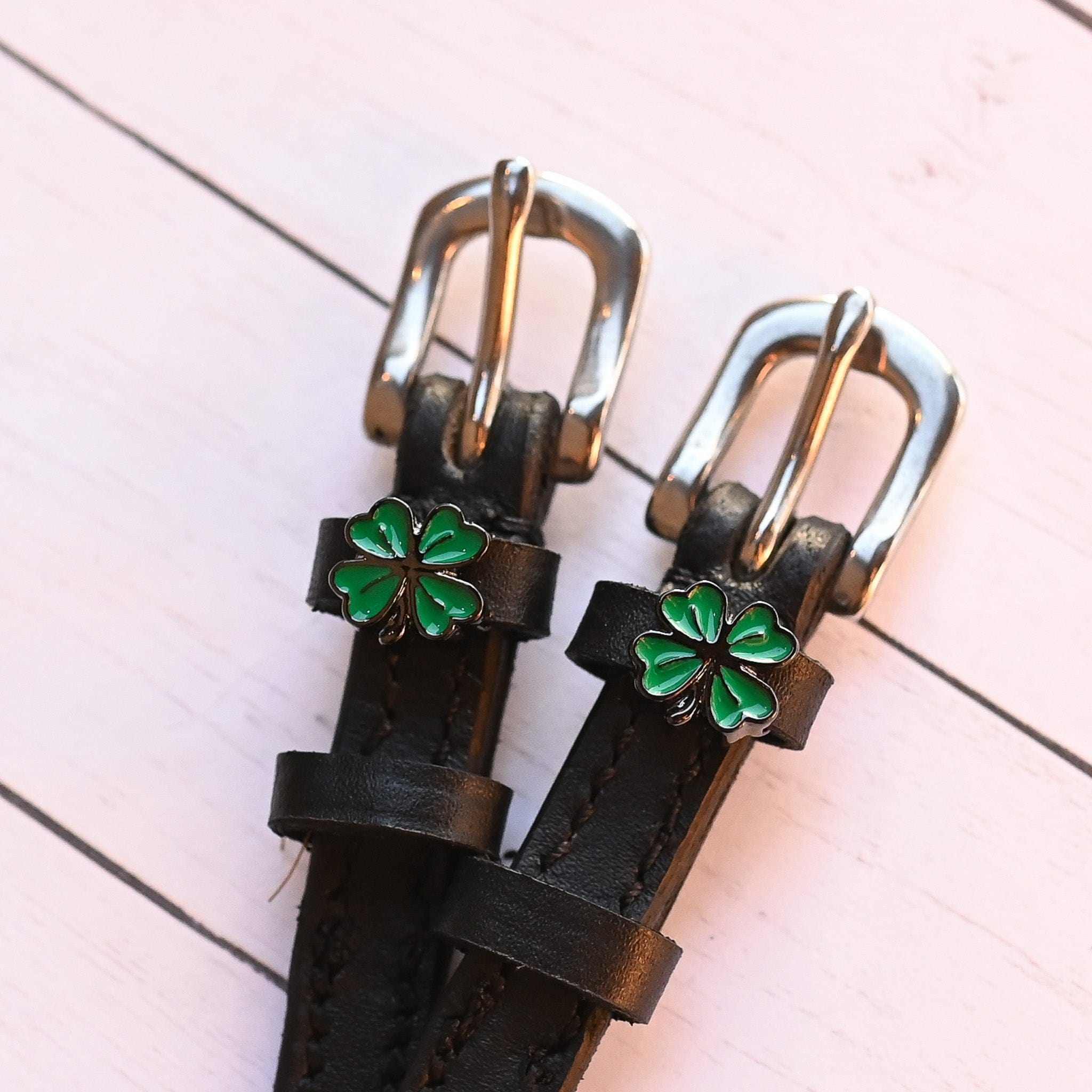 Four Leaf Clover Spur Strap ManeJane black leather spur straps with non-stretch interior and stainless steel buckle for Eng.