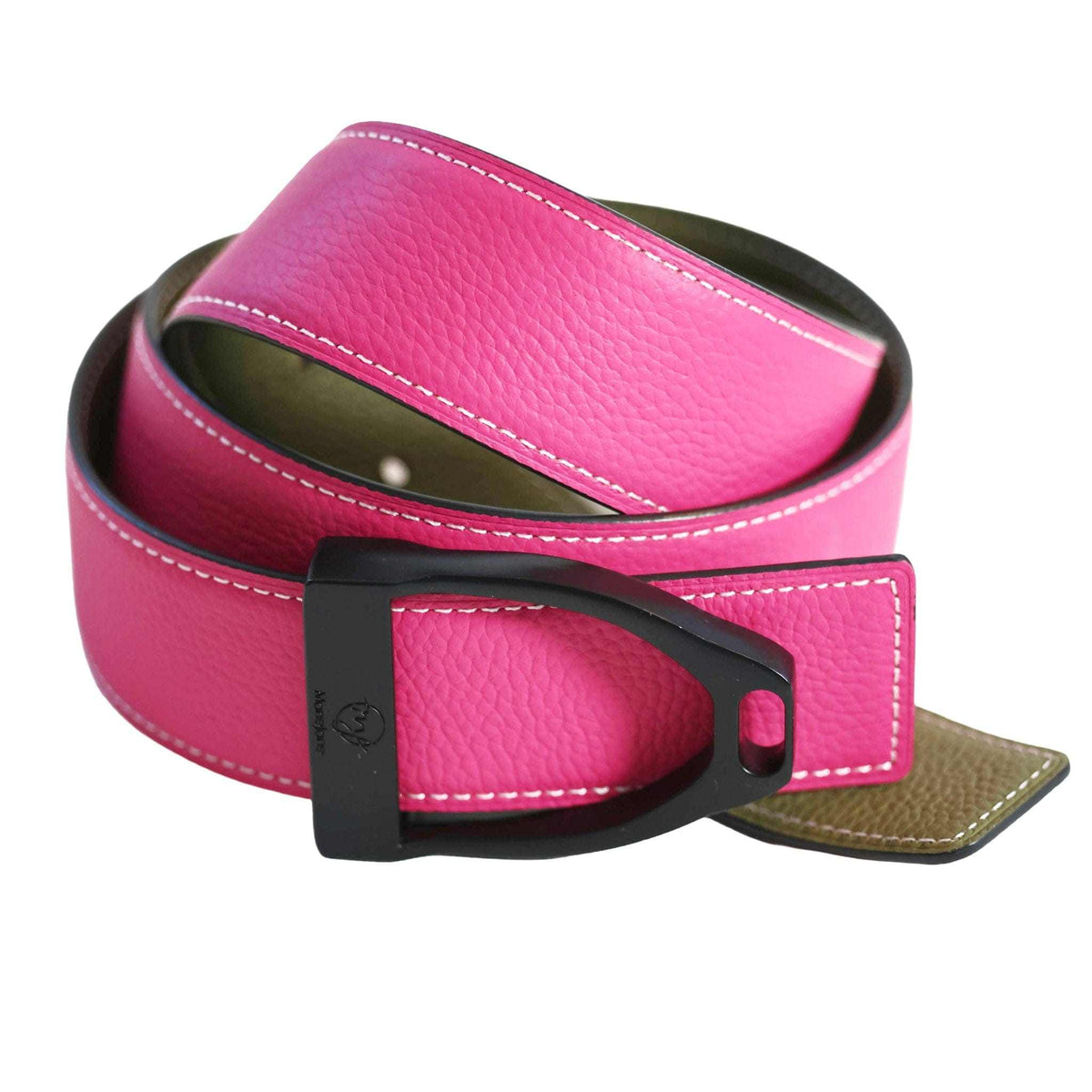 ManeJane Fuchsia/Olive Reversible Leather Belt Strap reversible leather belt, additional view, equestrian accessory by Dreamers & Schemers
