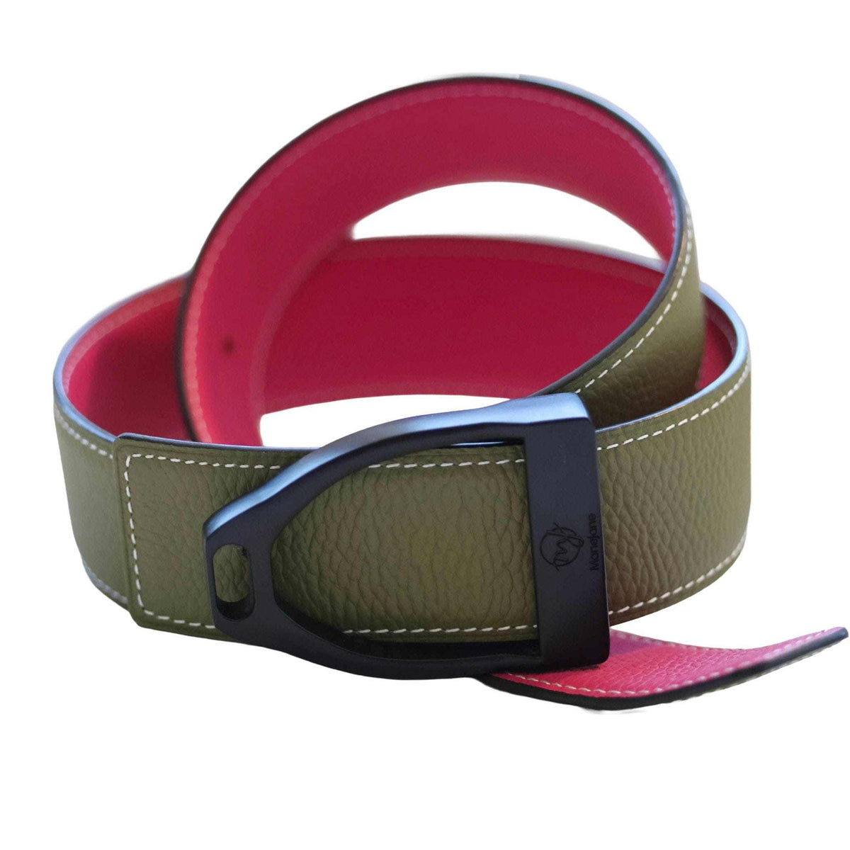 ManeJane Fuchsia/Olive Reversible Leather Belt Strap reversible leather belt, additional view, equestrian accessory by Dreamers & Schemers