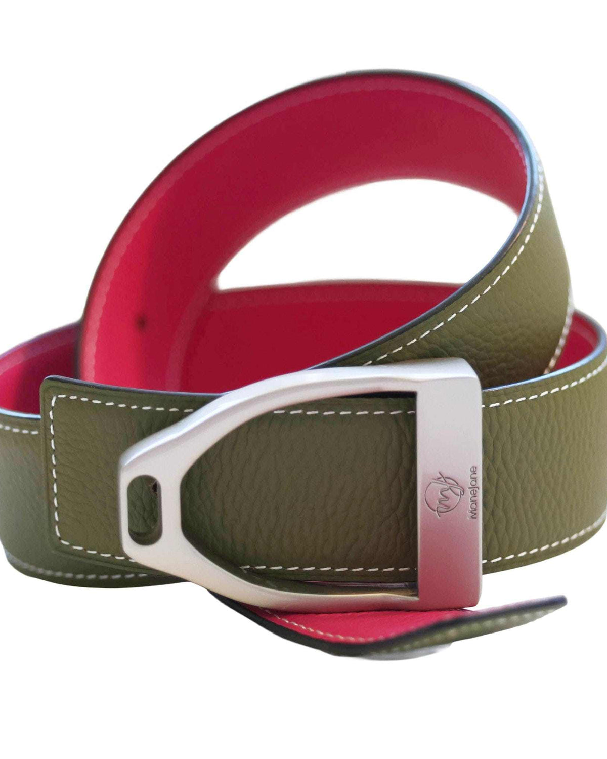 ManeJane Fuchsia/Olive Reversible Leather Belt Strap reversible leather belt, additional view, equestrian accessory by Dreamers & Schemers