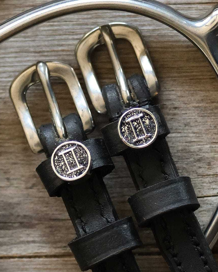 Gemini Spur Straps black leather with stainless steel buckles and custom Gemini charm