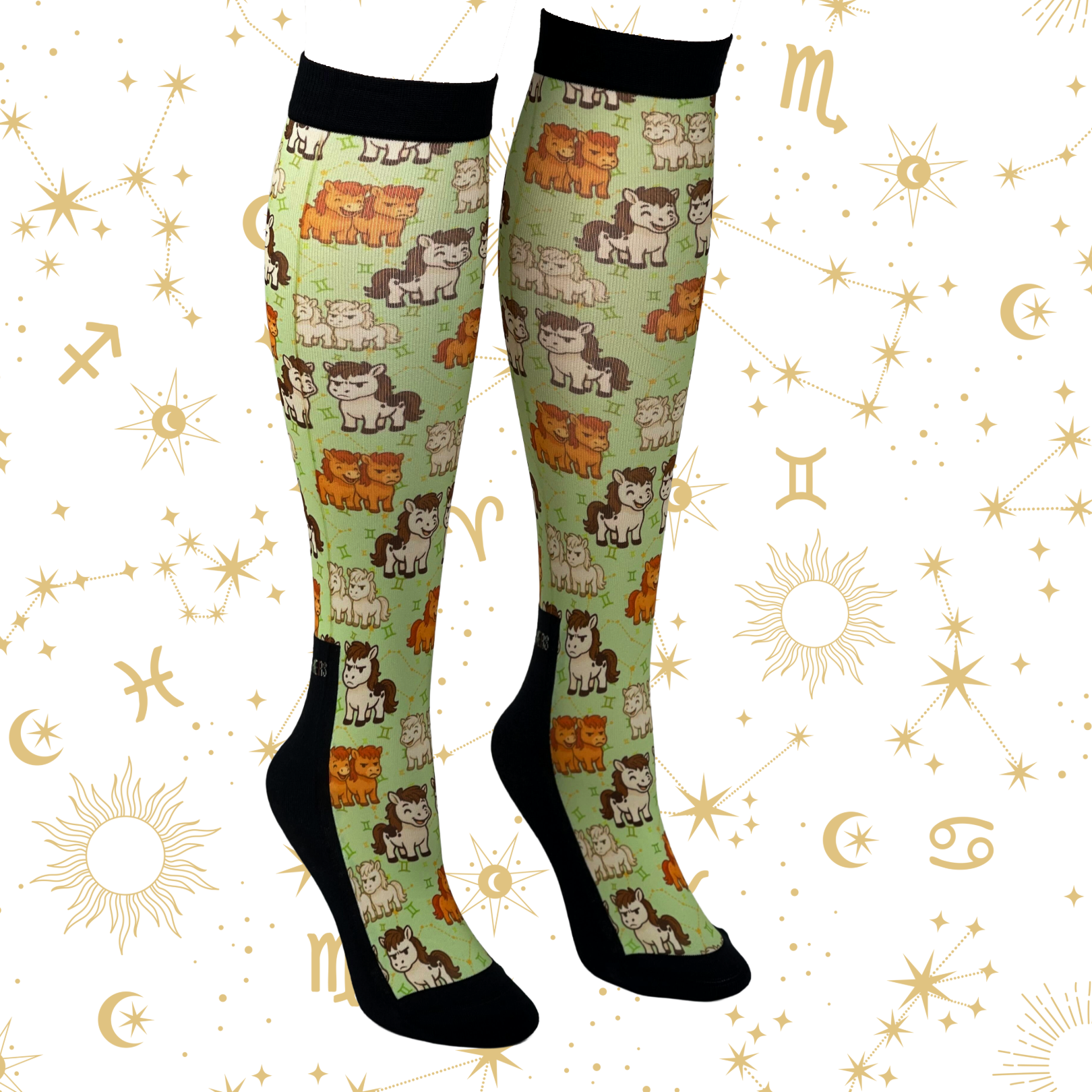 Gemini zodiac boot socks with cartoon dogs pattern, black toe and cuff, made in USA