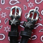 Giddy Up Spur Straps ManeJane black leather spur straps with non-stretch interior and stainless steel buckle for English ri.