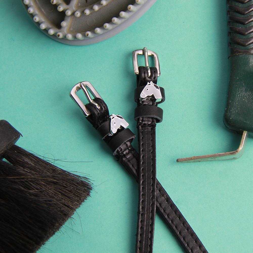 Gray Horse Spur Straps ManeJane black leather spur straps with non-stretch interior and stainless steel buckle for English .