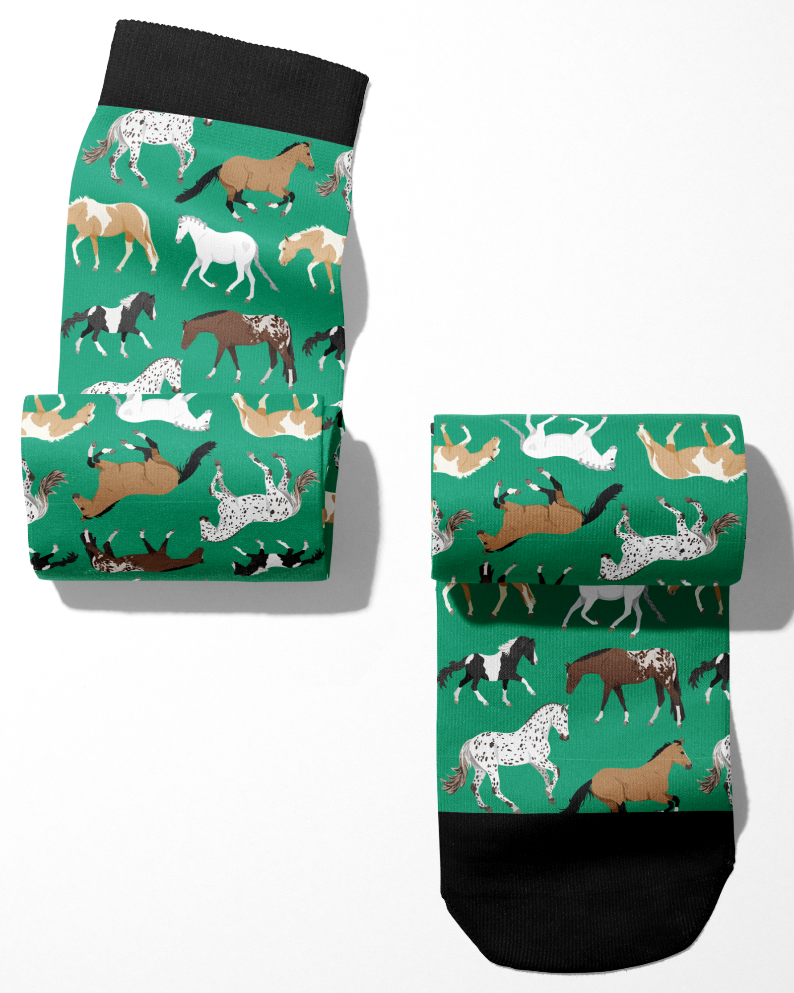 Limited Edition Pony Island green boot socks with colorful horse patterns, made in USA.