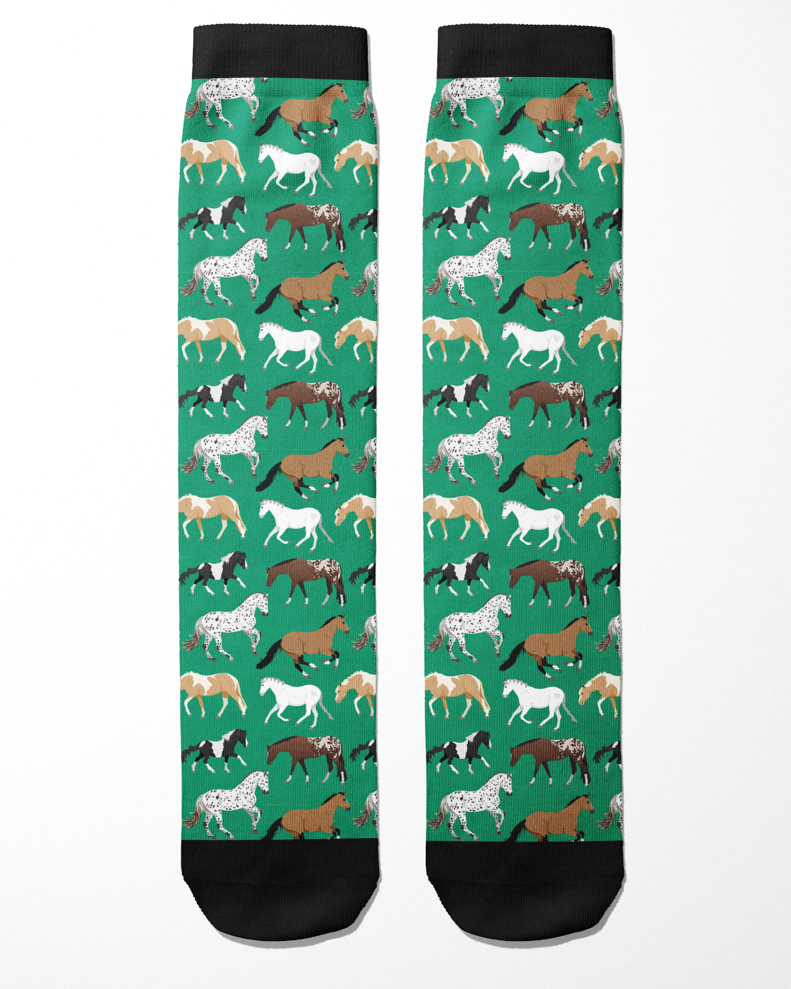 Limited Edition Pony Island green socks with colorful pony patterns and black cuffs and toes