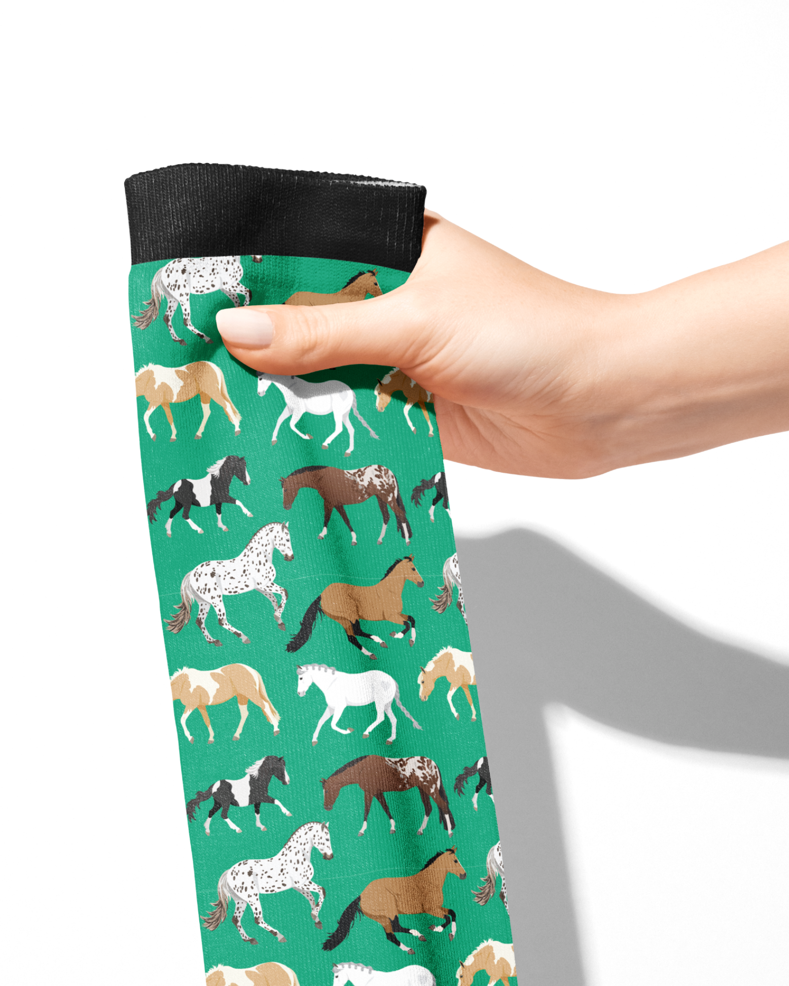 Limited Edition Pony Island green boot socks with colorful horse patterns, made in USA