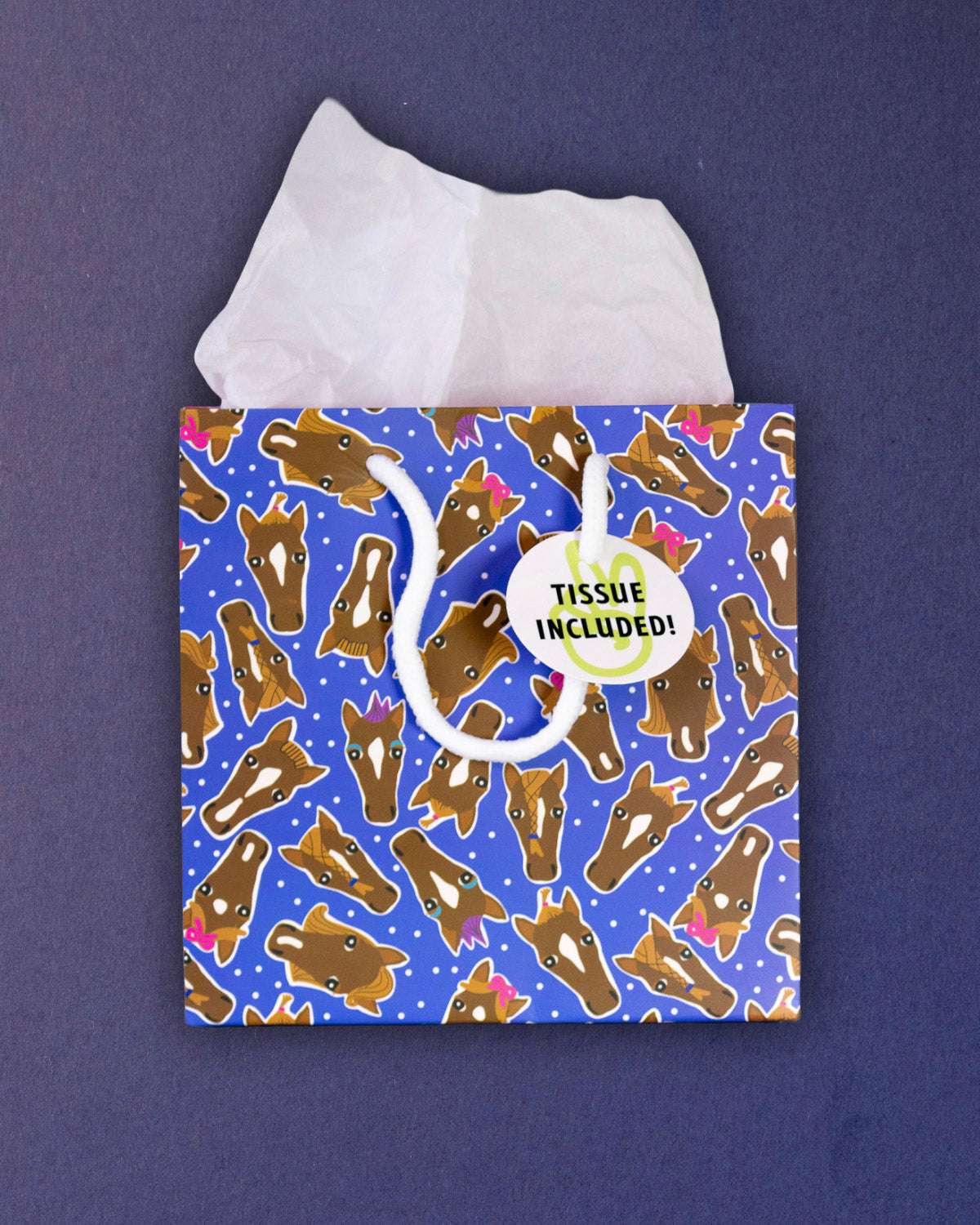 Hairy Styles small gift bag front-on, Tissue Included tag resting on the square blue pony panel.