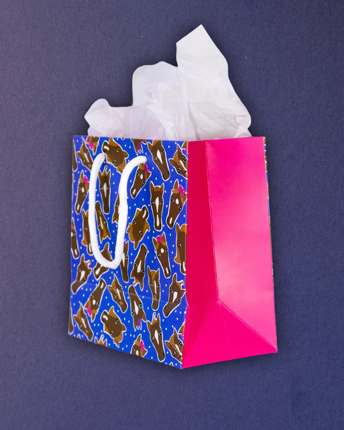 Hairy Styles small gift bag turned right, pink side gusset showing the depth of the little cube.