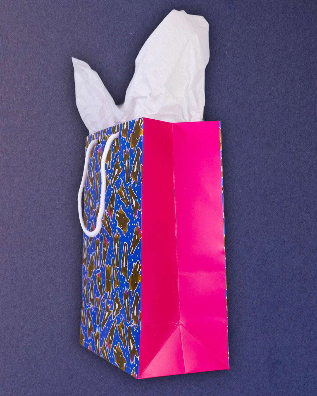 Hairy Styles medium gift bag tipped to the right, pink gusset and the triangular base fold in view.