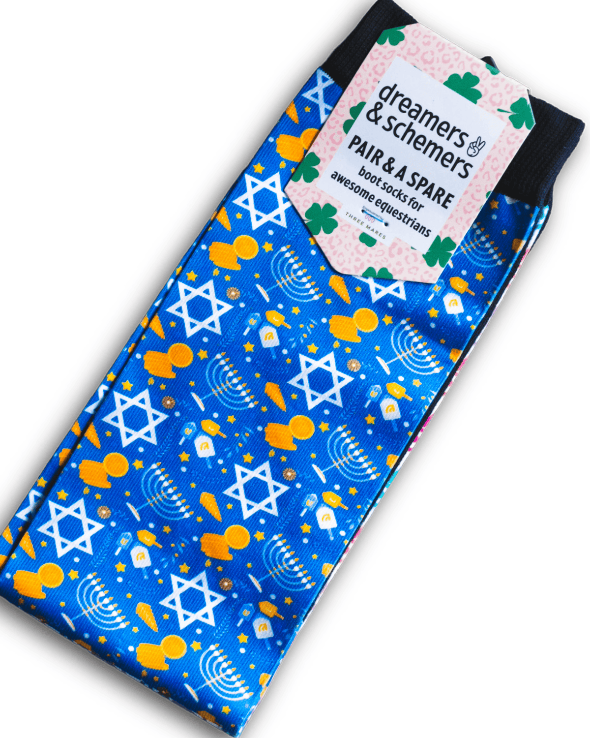 Keep Calm & Dreidel On blue Hanukkah themed riding socks with Star of David and dreidel patterns
