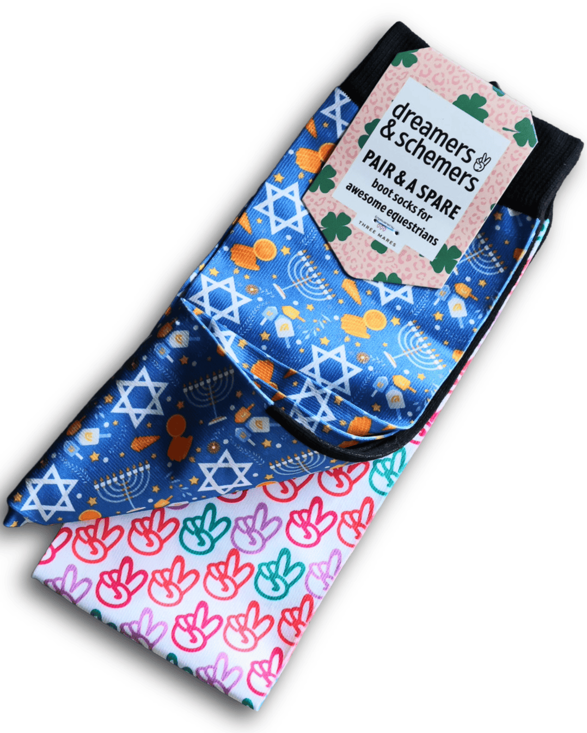 Keep Calm & Dreidel On holiday-themed youth riding socks with Hanukkah designs and a free spare sock
