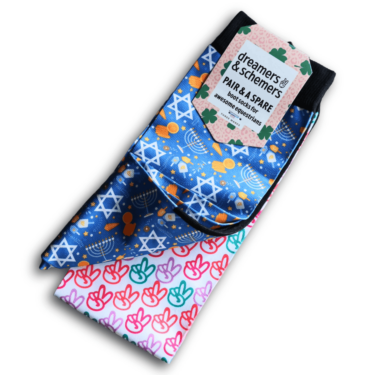 Keep Calm & Dreidel On holiday-themed youth riding socks with Hanukkah designs and a free spare sock