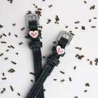 Heart Smooshes Spur Straps ManeJane black leather spur straps with non-stretch interior and stainless steel buckle for Engl.