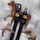 Hedgehog Spur Straps ManeJane black leather spur straps with non-stretch interior and stainless steel buckle for English ri.