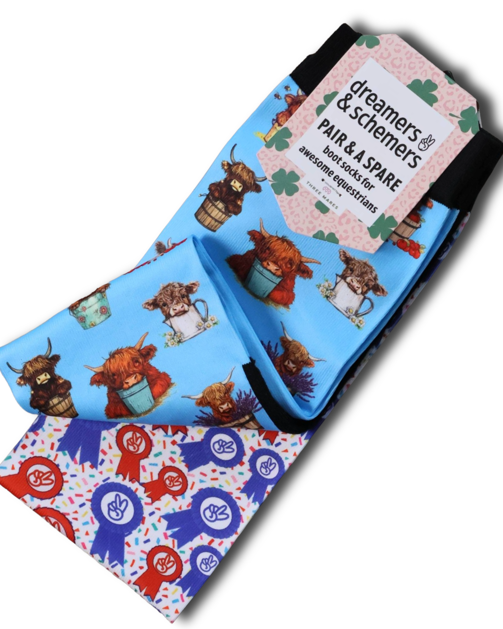 Highland Cow Pair & a Spare equestrian boot socks, alternate angle, by Dreamers & Schemers