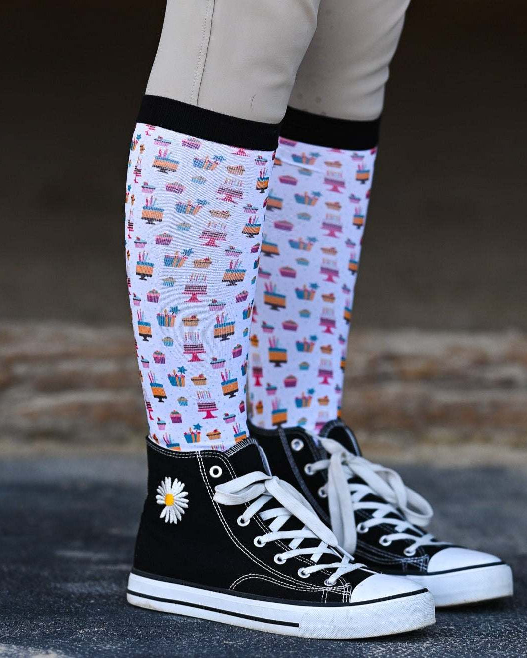 Birthday equestrian boot socks featuring birthday party celebration, alternate angle, by Dreamers & Schemers