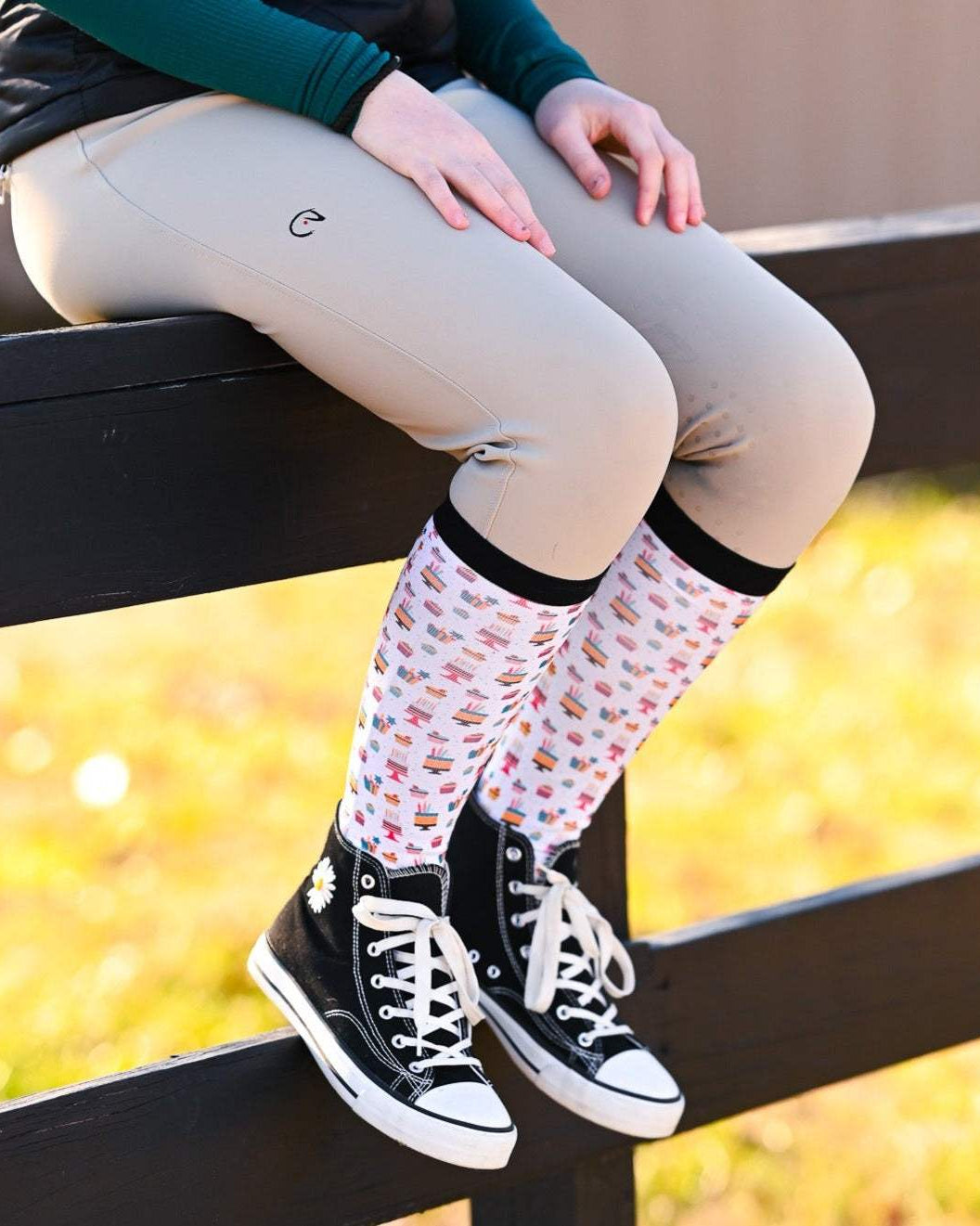 Birthday equestrian boot socks, showing the full pattern layout
