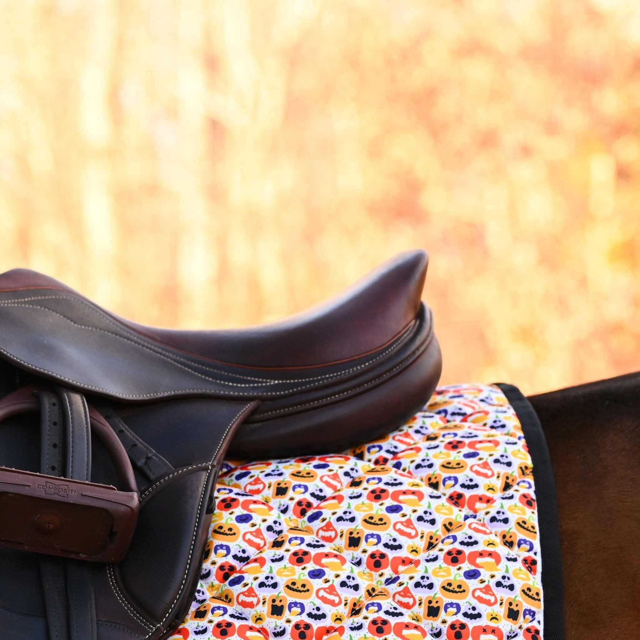 Dreamers & Schemers Holiday Pumpkin Party Saddle Pad – patterned saddle pad, equestrian gift, horseback riding gear from Dreamers & Schemers Saddle Pads