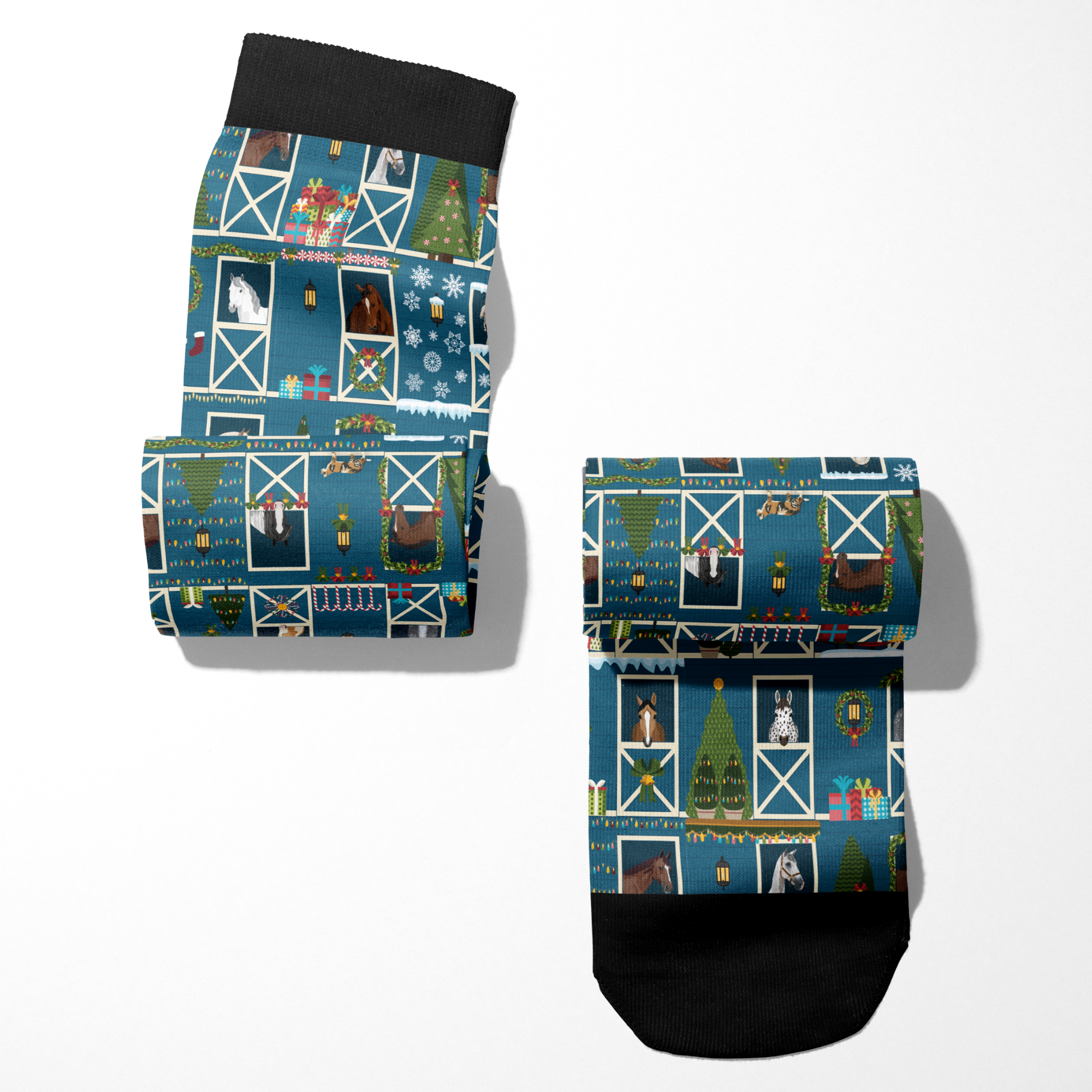 Limited Edition Pony Island Holiday Barn Socks with festive ponies and barnyard holiday designs in black and blue colors