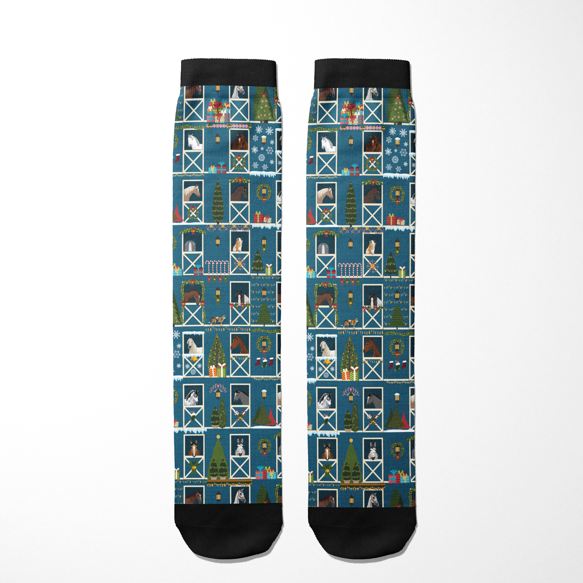 Limited Edition Pony Island Holiday Barn Socks with festive ponies, garlands, and holiday barnyard design