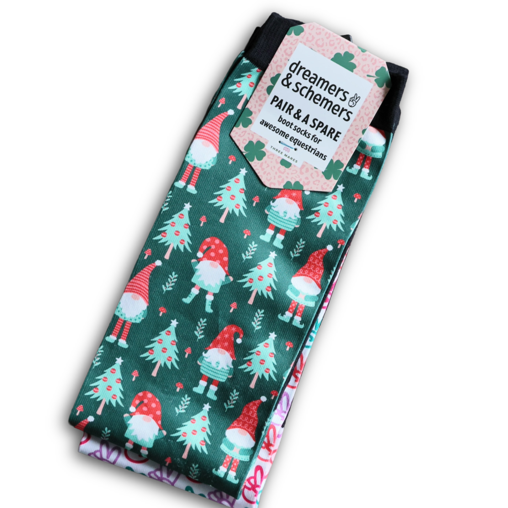 Gnome for the Holidays themed youth riding socks with extra spare sock included