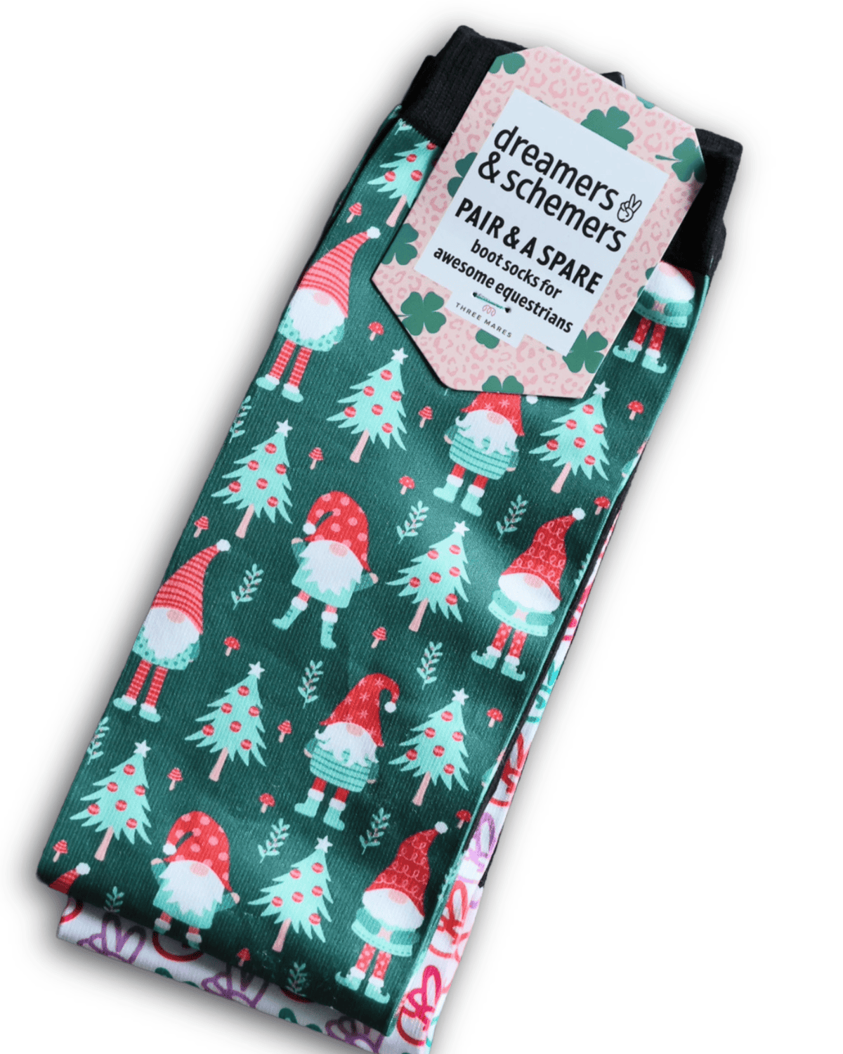 Gnome for the Holidays holiday-themed riding socks with gnome and tree pattern, pair and spare included