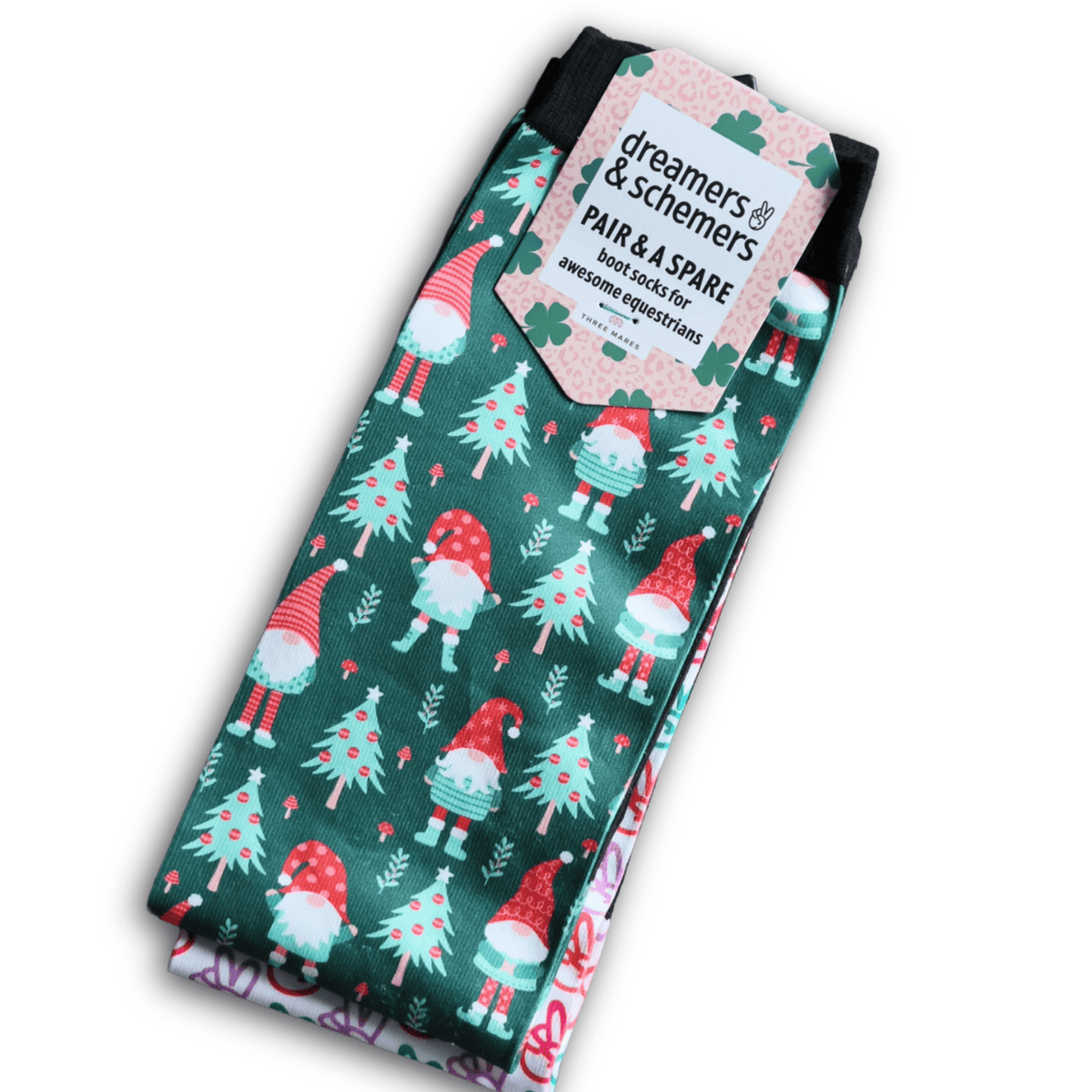 Gnome for the Holidays holiday-themed riding socks with gnome and tree pattern, pair and spare included