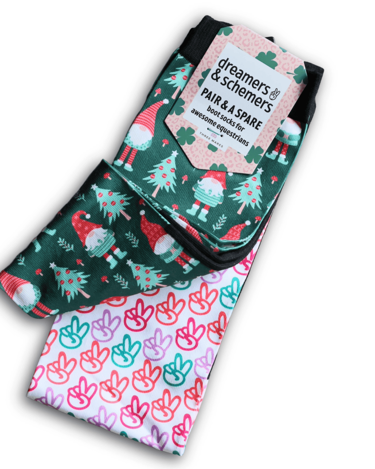 holiday-themed boot socks with gnome and peace sign designs by Pair & A Spare