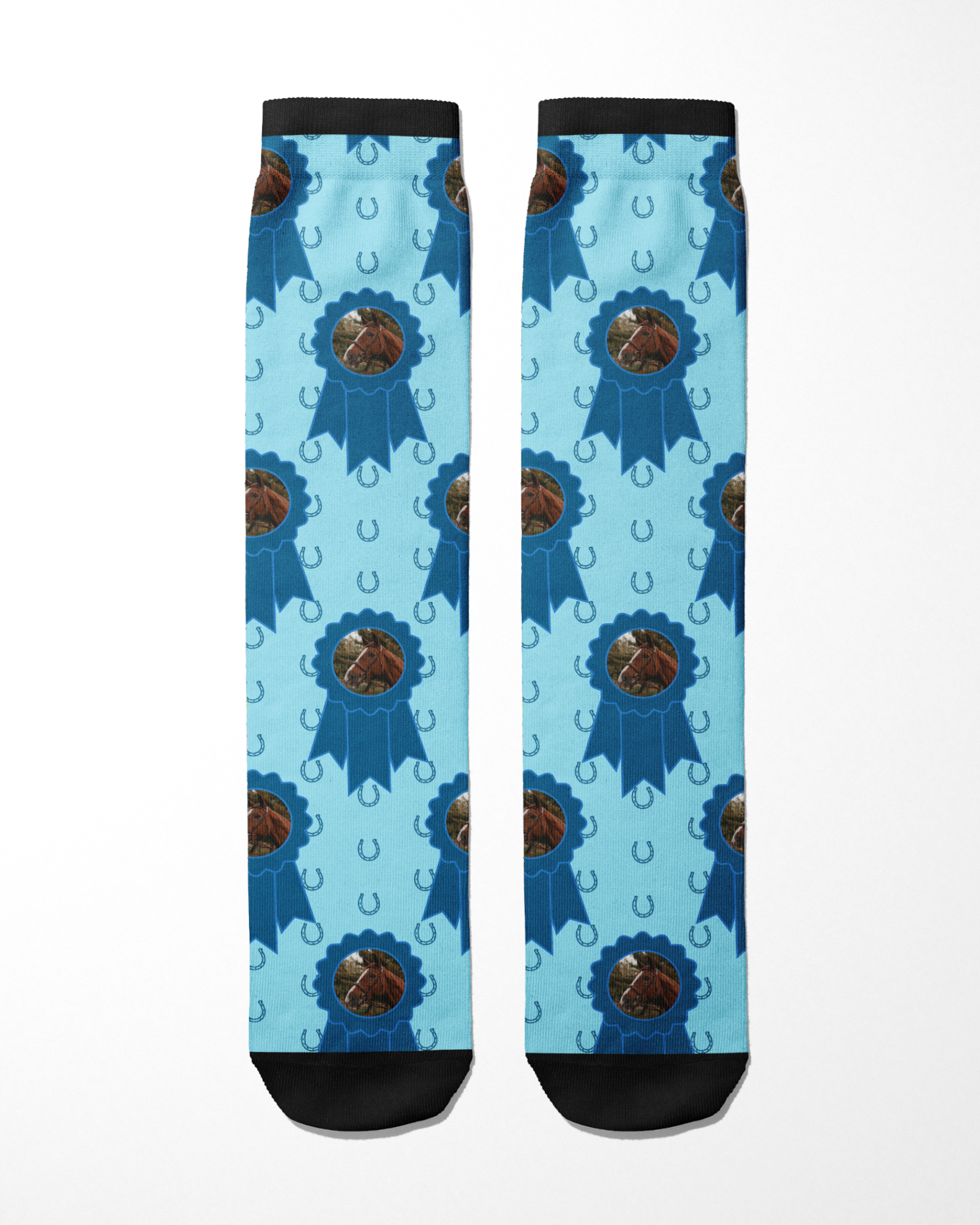 Custom blue ribbon socks with horse photo and horseshoe pattern custom sock with photo