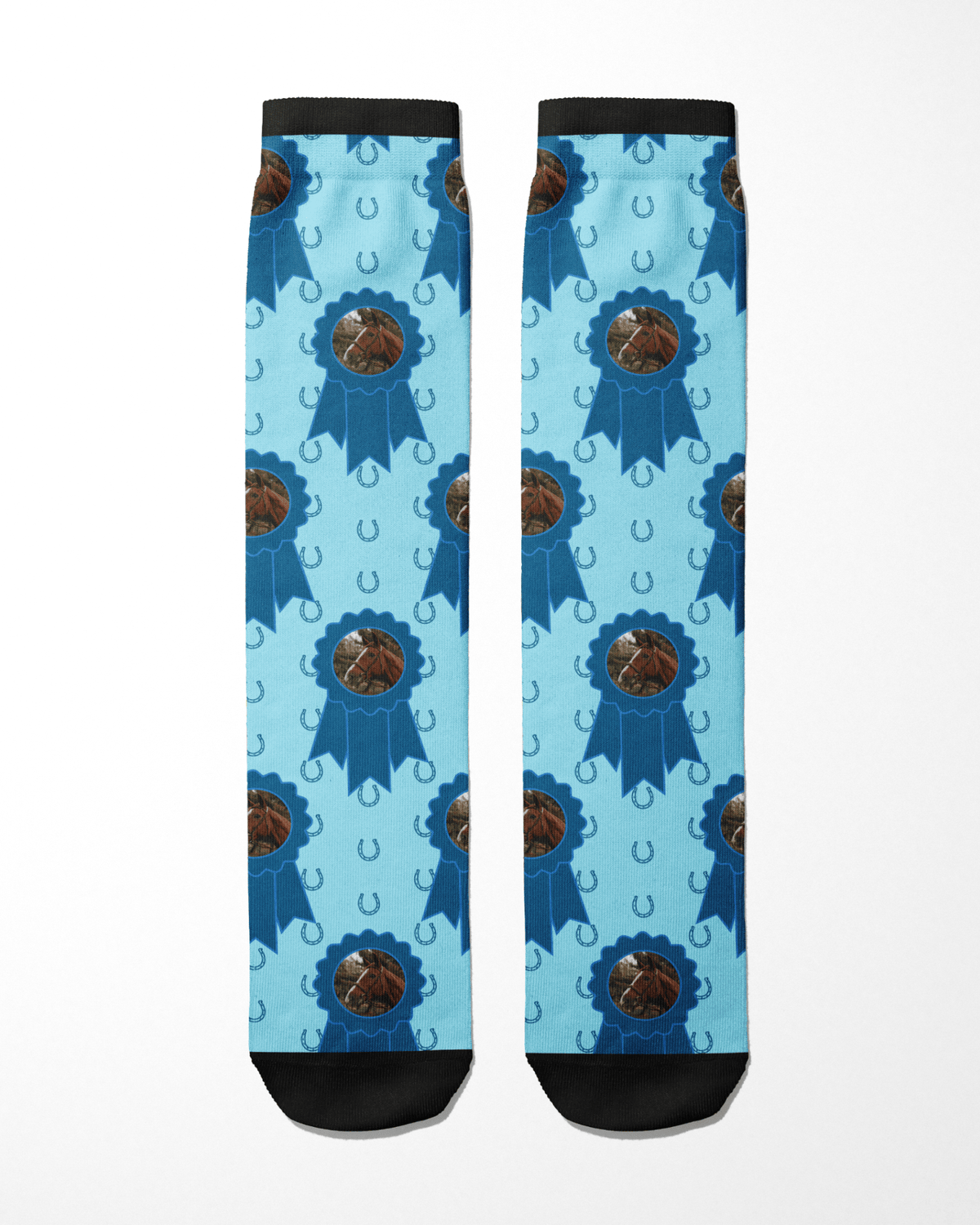 Custom blue ribbon socks with horse photo and horseshoe pattern custom sock with photo