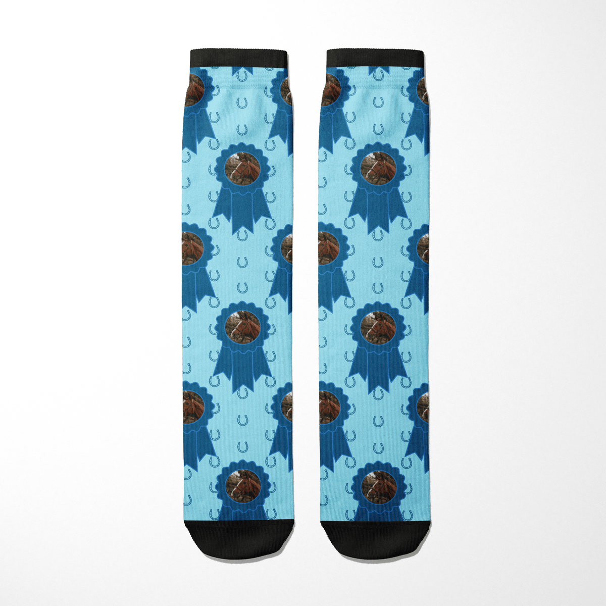 Custom blue ribbon socks with horse photo and horseshoe pattern custom sock with photo