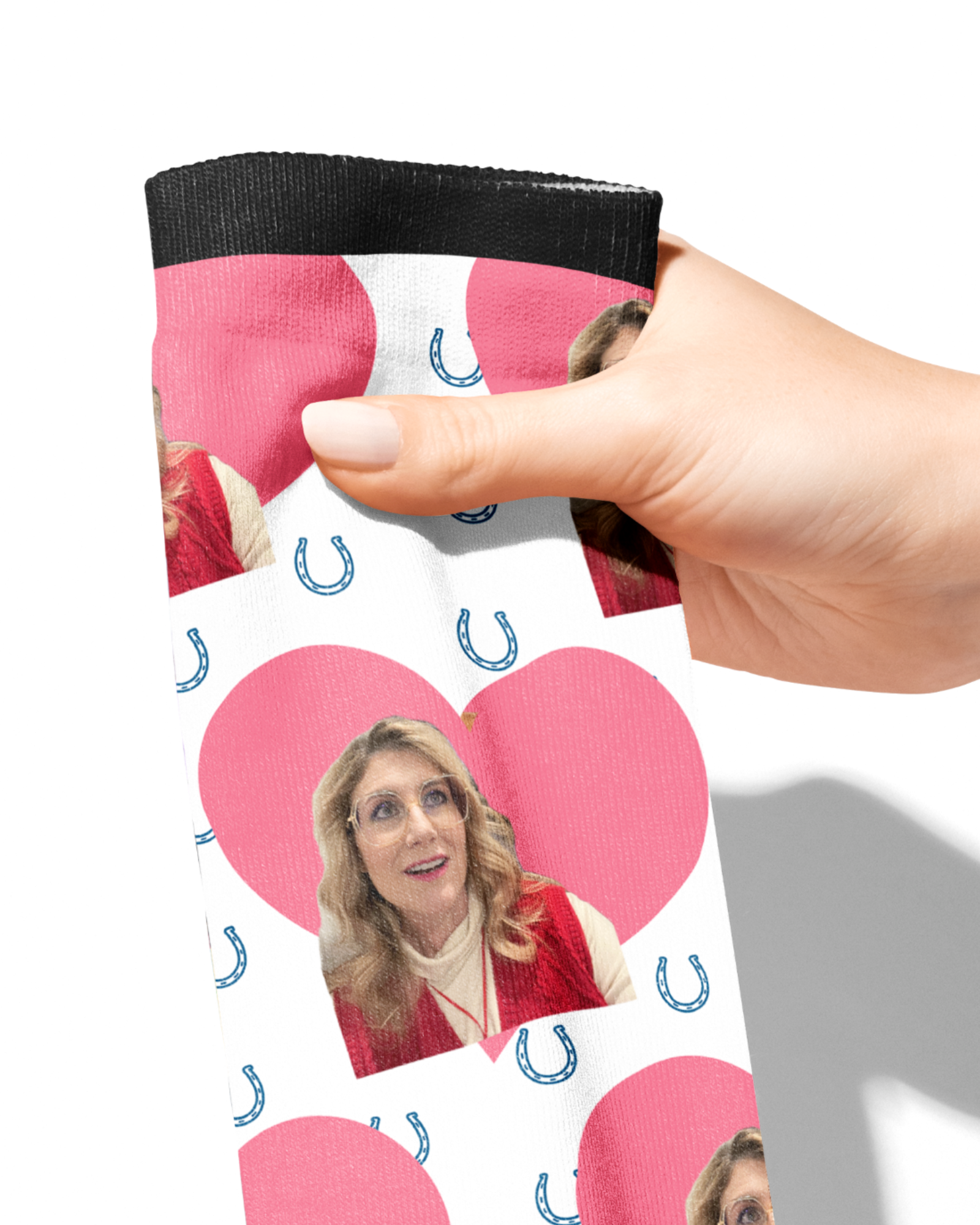 Custom socks with pink heart and blue horseshoes pattern featuring a personalized photo, made of cotton blend.