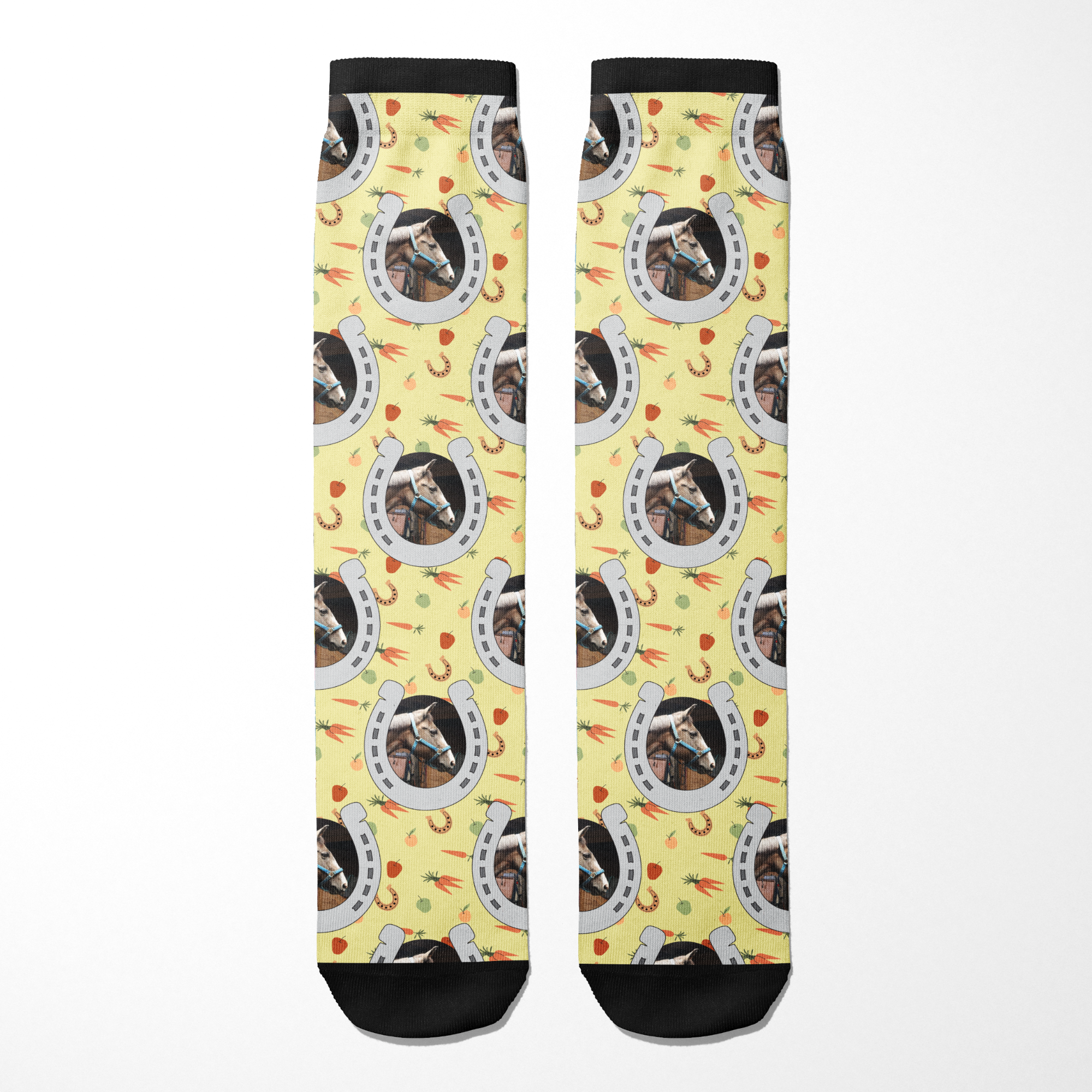 Custom horseshoe patterned socks with horse photo and stable snack designs