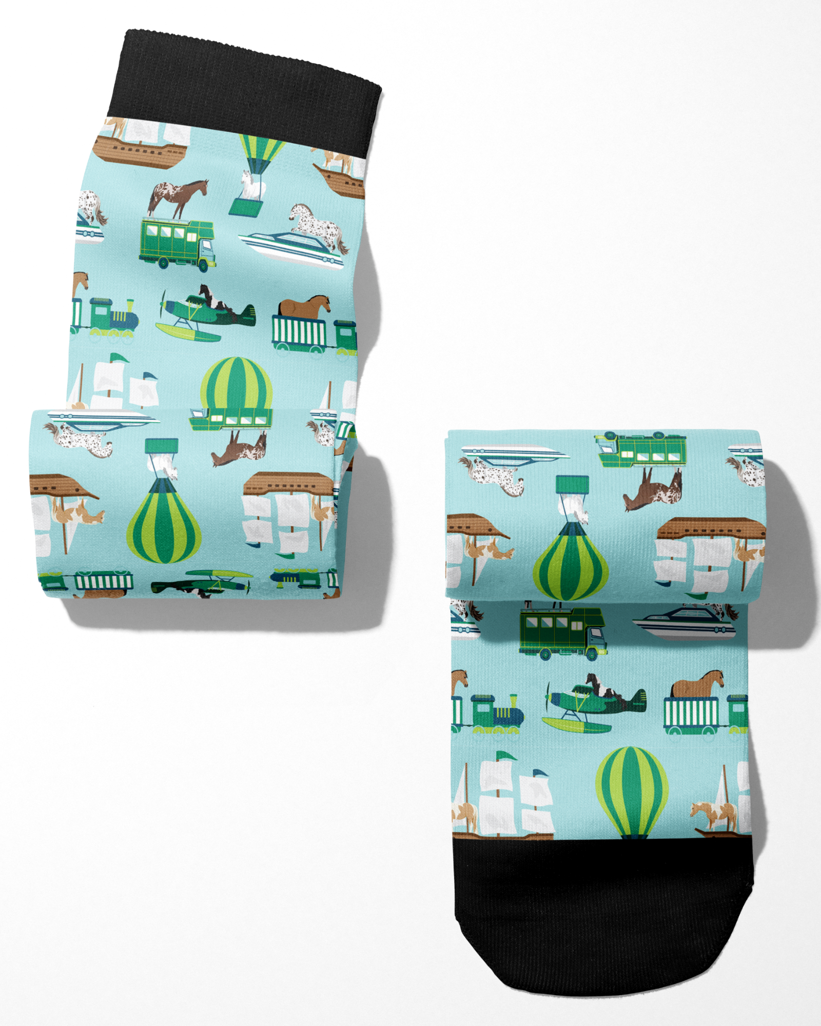 Limited Edition Pony Island Pony Transport Socks with colorful pony and transport vehicle patterns on light blue background
