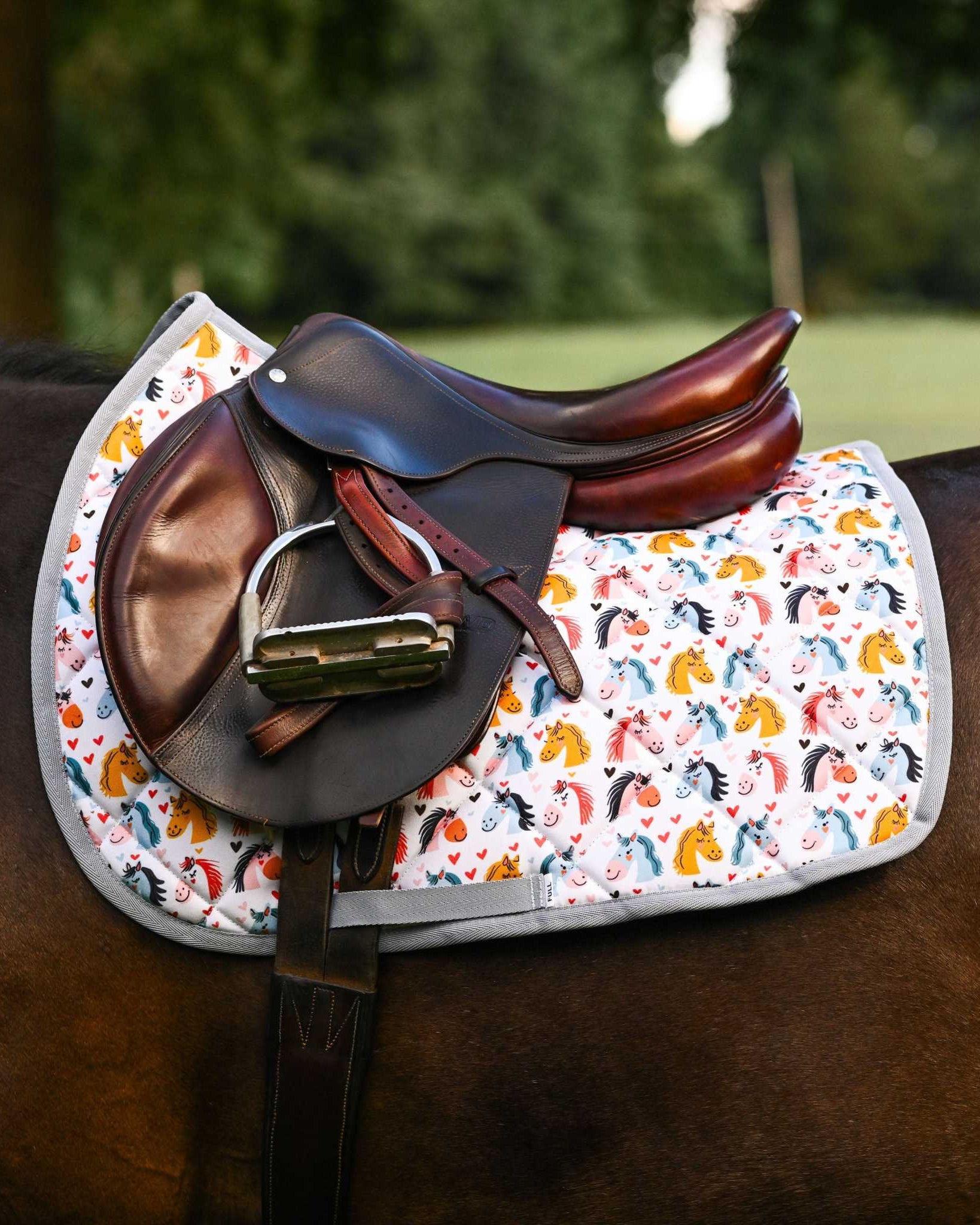 Just Horsing Around youth bundle with colorful horse-themed saddle pad and brown leather saddle on horse back