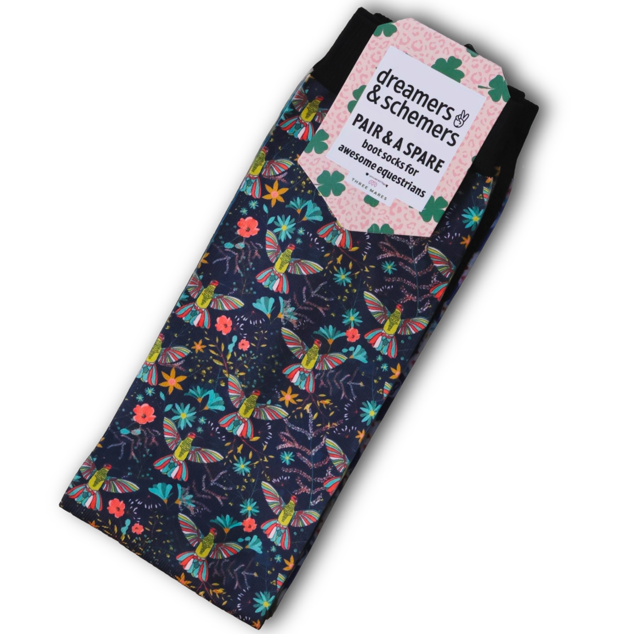Hummering Pair & a Spare equestrian boot socks with hummingbird print, by Dreamers & Schemers