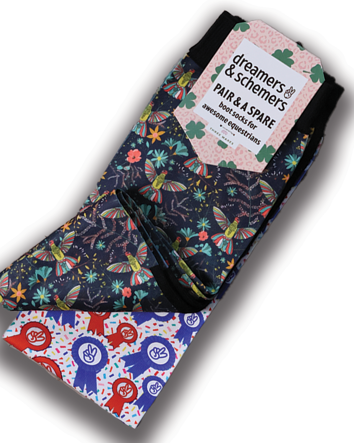 Hummering Pair & a Spare equestrian boot socks featuring hummingbird print, alternate angle, by Dreamers & Schemers