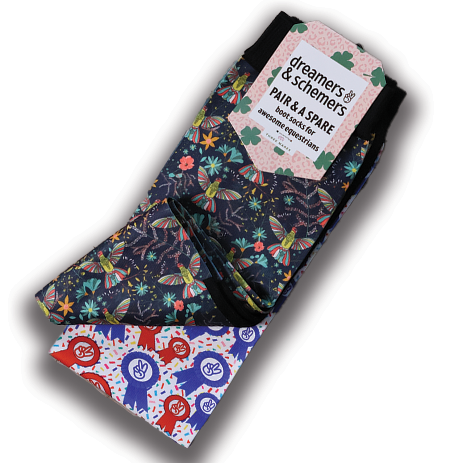Hummering Pair & a Spare equestrian boot socks featuring hummingbird print, alternate angle, by Dreamers & Schemers