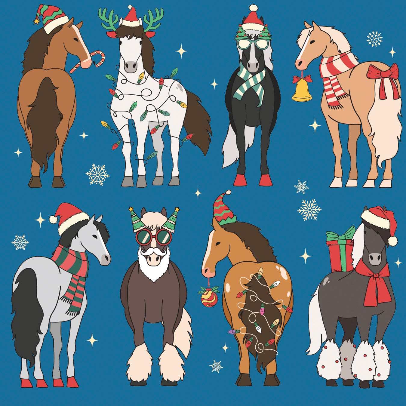 Festive cartoon horses wearing holiday decorations on blue background for riding boot socks design