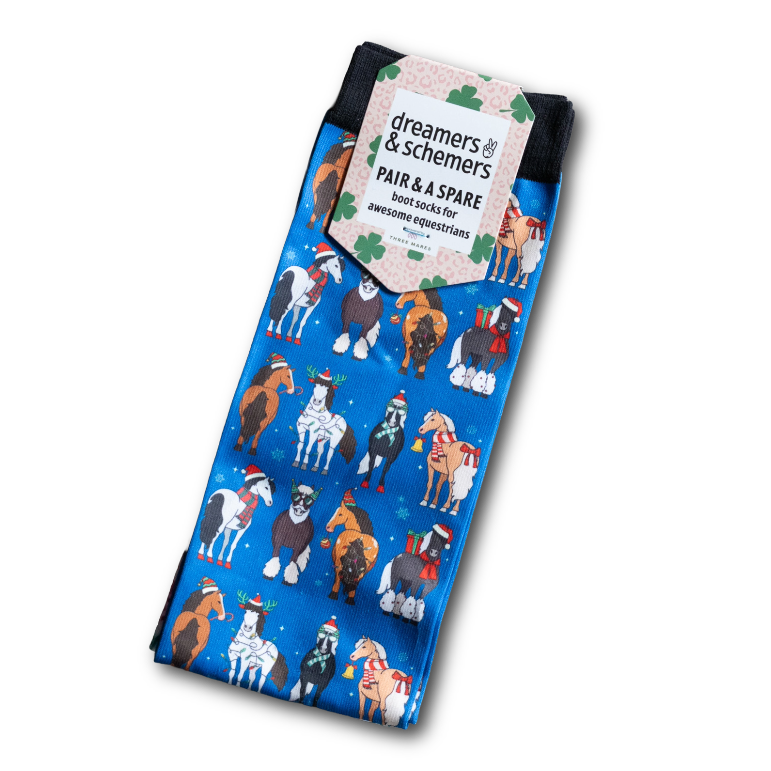 Holiday-themed blue boot socks with colorful horse patterns and black cuff, comfortable and durable with flat seam toe and terry foot bottom, includes free spare sock